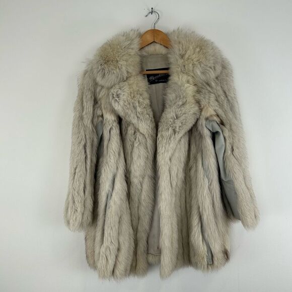 Vintage Grey Silver Fox Genuine Fur Coat Belted with Leather Trim - Picture 4 of 8